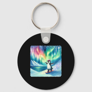 Pinguïn Snowboarden onder kleurrijke Aurora Boreal Sleutelhanger