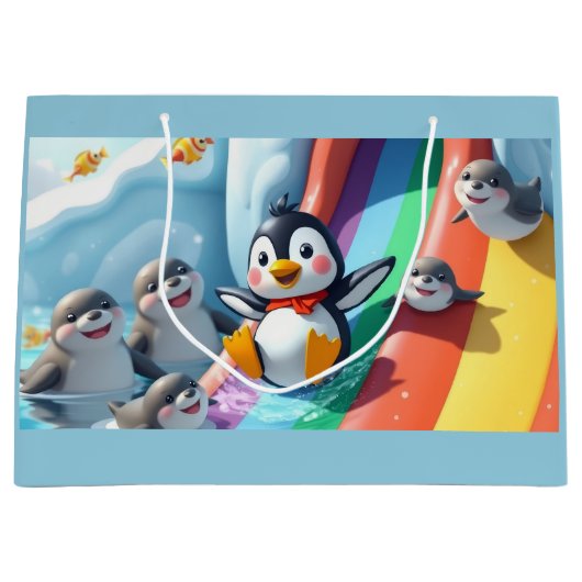 Pinguïn speelt op een glijbaan groot cadeauzakje (Voorkant)