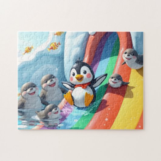 Pinguïn speelt op een glijbaan legpuzzel (Horizontaal)
