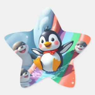 Pinguïn speelt op een glijbaan ster sticker