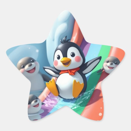 Pinguïn speelt op een glijbaan ster sticker (Voorkant)