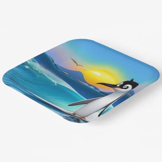 Pinguïn Surfing van kinderen op Birthday Papieren Bordje (Gebogen)