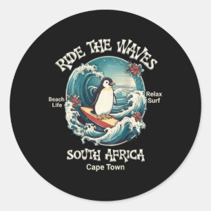 Pinguïn Surft op Golven Zuid-Afrika Cape Cod Surft Ronde Sticker