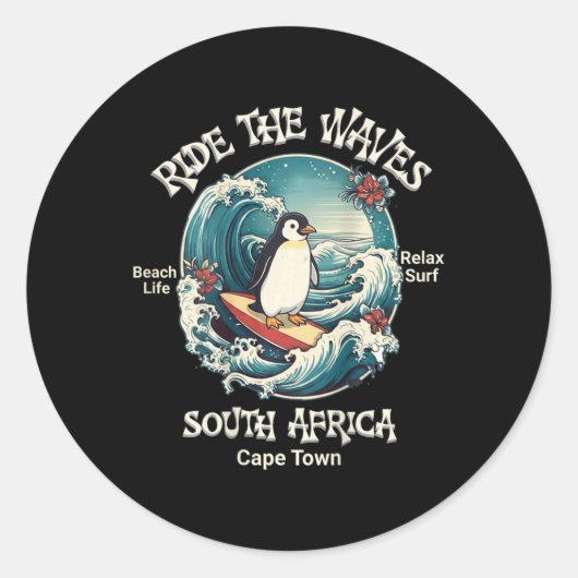 Pinguïn Surft op Golven Zuid-Afrika Cape Cod Surft Ronde Sticker (Voorkant)