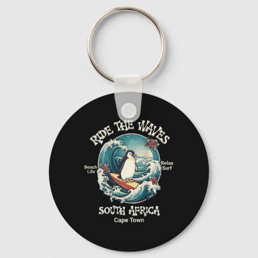 Pinguïn Surft op Golven Zuid-Afrika Cape Cod Surft Sleutelhanger (Voorkant)