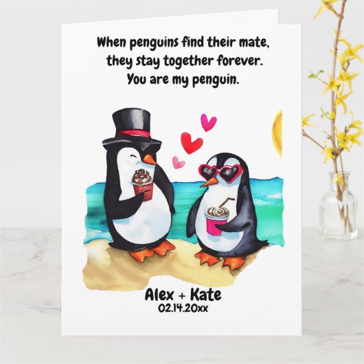 Pinguïn Valentijnskaarten  Kaart (Gele Bloem)