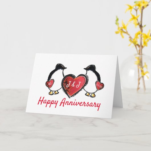 pinguïn van de 40ste ruby bruiloft kaart (Gele Bloem)