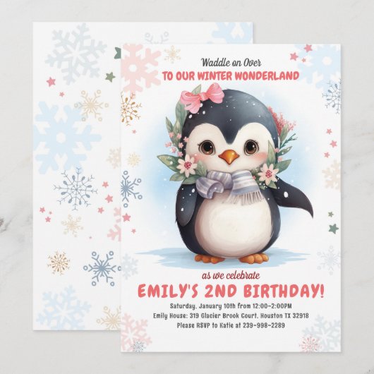 Pinguïn Verjaardag Uitnodiging Meisje Pinguïn Verj (Voorkant / Achterkant)