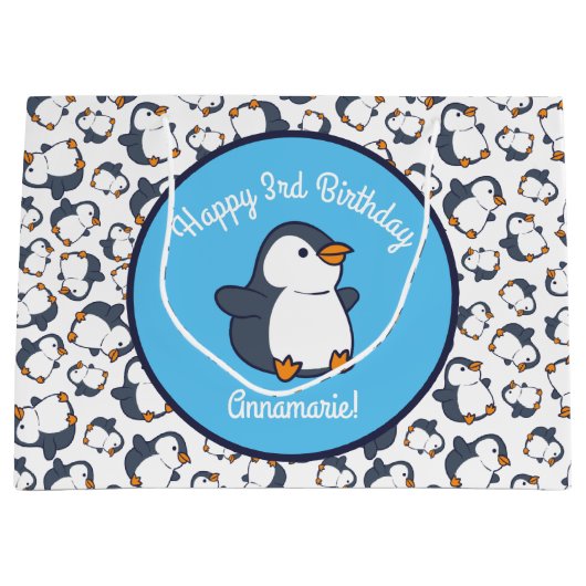 Pinguïn verjaardagsfeestje groot cadeauzakje (Voorkant)