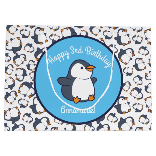 Pinguïn verjaardagsfeestje groot cadeauzakje (Achterkant)