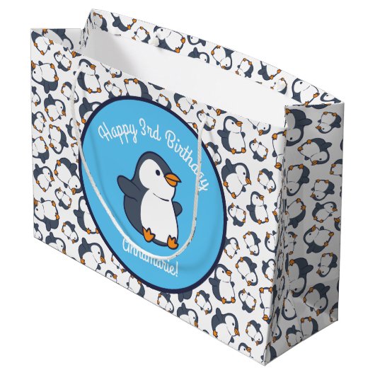 Pinguïn verjaardagsfeestje groot cadeauzakje (Achterkant Gekanteld)