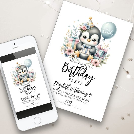 Pinguïn verjaardagsfeestje kaart