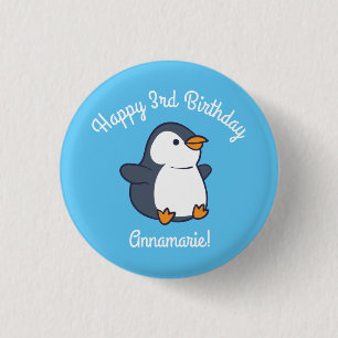 Pinguïn verjaardagsfeestje ronde button 3,2 cm
