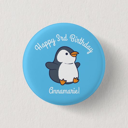 Pinguïn verjaardagsfeestje ronde button 3,2 cm (Voorkant)