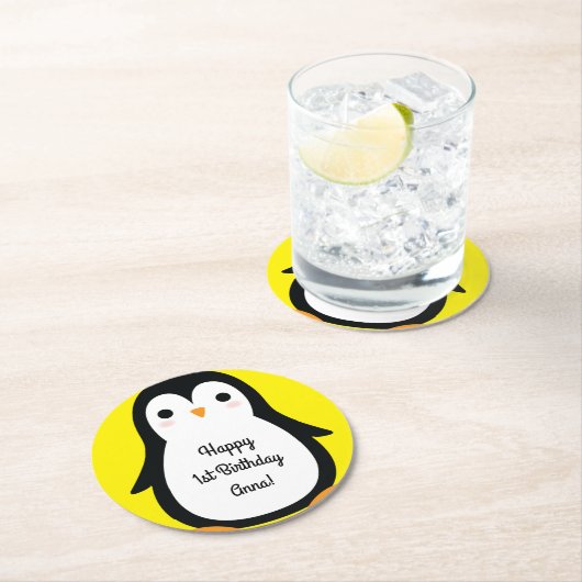 Pinguïn verjaardagsfeestje ronde kartonnen onderzetter (Insitu)