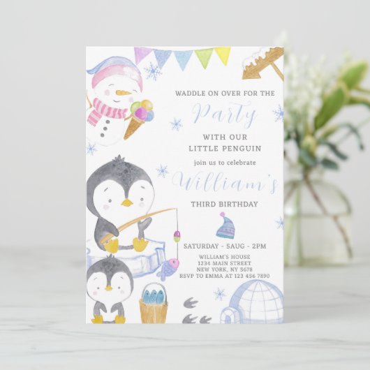 Pinguïn verjaardagsuitnodiging kaart (Staand voorkant)