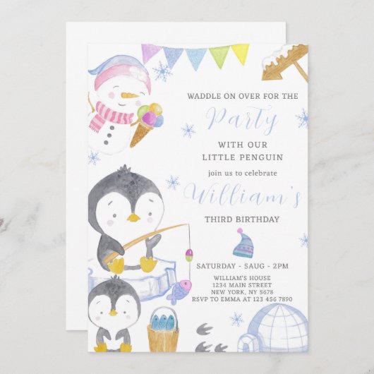 Pinguïn verjaardagsuitnodiging kaart (Voorkant / Achterkant)