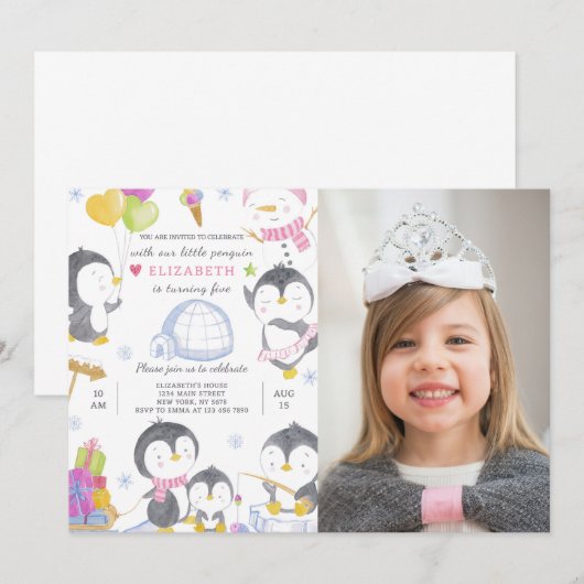 Pinguïn verjaardagsuitnodiging met foto kaart (Voorkant / Achterkant)