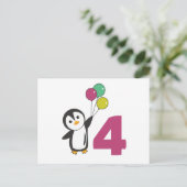 Pinguïn vierde verjaardag ballonnen voor kinderen briefkaart (Staand voorkant)