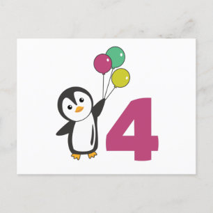 Pinguïn vierde verjaardagsballonnen voor kinderen  briefkaart