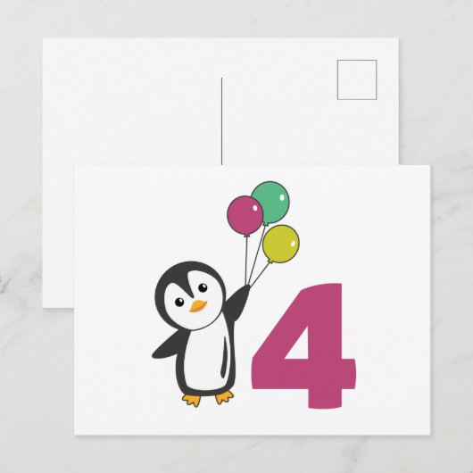 Pinguïn vierde verjaardagsballonnen voor kinderen  briefkaart (Voorkant / Achterkant)