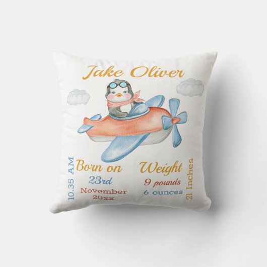 Pinguïn Vliegtuig Blauwe Baby Boy Stats Kussen (Achterkant)