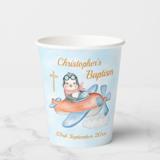 Pinguïn Waterverf Baby Cute Baptism Papieren Bekers (Achterkant)
