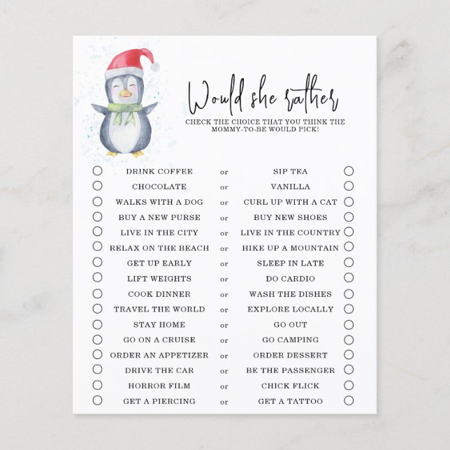 Pinguïn - Wil ze liever - baby shower spel (Voorkant)