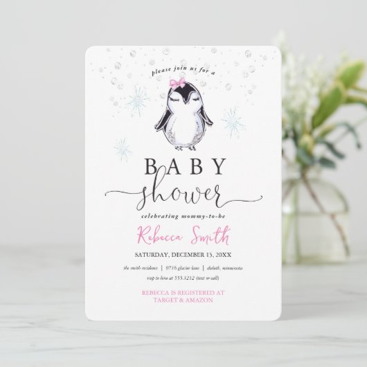 Pinguïn Winter Baby shower Uitnodiging (Staand voorkant)