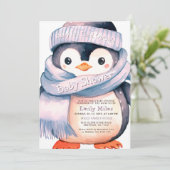 Pinguïn Winter Meisje Baby shower Uitnodiging (Staand voorkant)