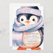 Pinguïn Winter Meisje Baby shower Uitnodiging (Voorkant / Achterkant)