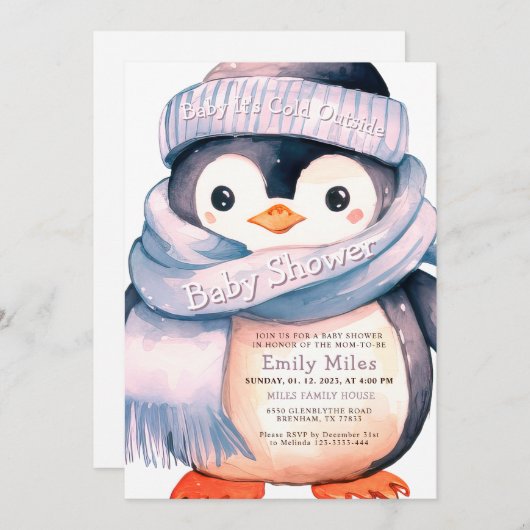 Pinguïn Winter Meisje Baby shower Uitnodiging (Voorkant / Achterkant)