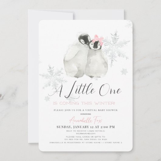 Pinguin Winter Snowflake Pink Virtual Baby shower Kaart (Voorkant)