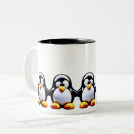 Pinguïnfamilie houdt elkaars hand tweekleurige koffiemok