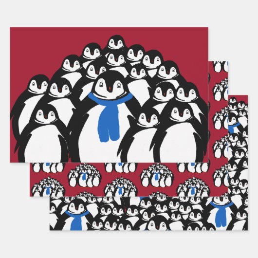 Pinguïnfamilie Inpakpapier op Kerstmis Rood Vel (Set)