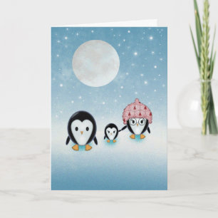 Pinguïnfamilie Starnacht en Volle Maan Feestdagen Kaart