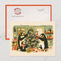 Pinguïnfamilie versiert kerstboom ansichtkaart