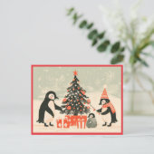 Pinguïnfamilie versiert kerstboom briefkaart (Staand voorkant)
