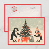 Pinguïnfamilie versiert kerstboom briefkaart (Voorkant / Achterkant)