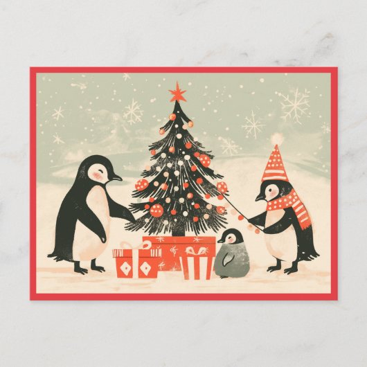 Pinguïnfamilie versiert kerstboom briefkaart (Voorkant)