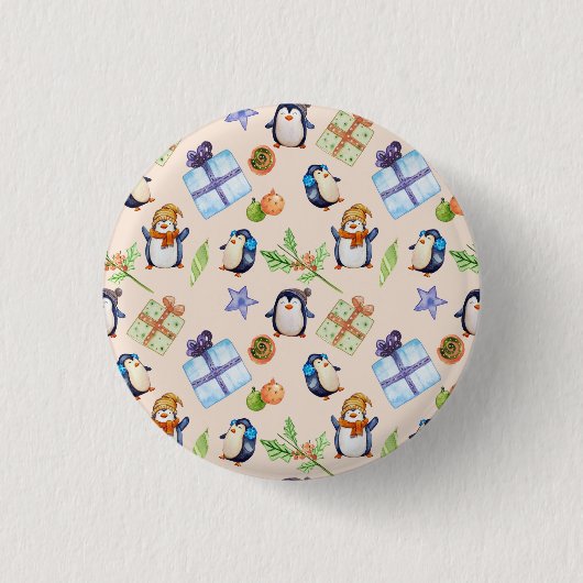 Pinguïnfeestje – vrolijk winterpret ronde button 3,2 cm (Voorkant)