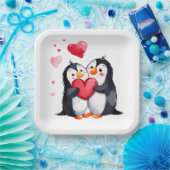 Pinguïnpaar met rode harten papieren bordje (Feest)
