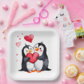 Pinguïnpaar met rode harten papieren bordje (Feest)