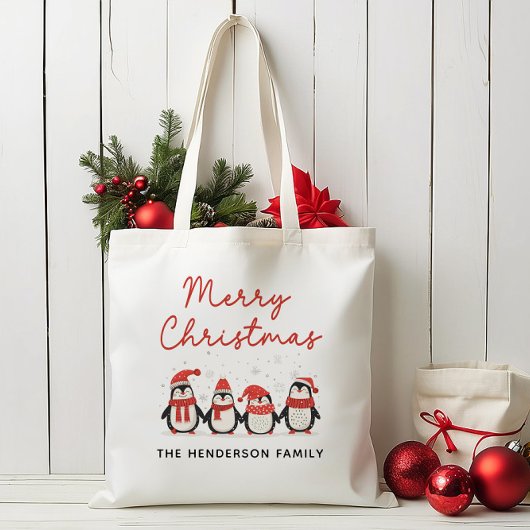 Pinguïns Aangepaste Naam Vrolijk Kerstfeest Tote Bag