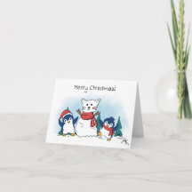 Pinguïns bouwen een katten-sneeuwman winter