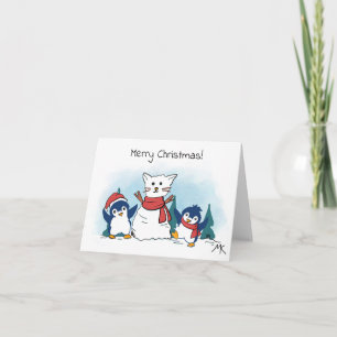 Pinguïns bouwen een katten-sneeuwman winter feestdagen kaart