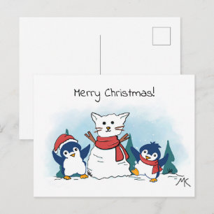 Pinguïns bouwen een sneeuwman kerst feestdagenkaart