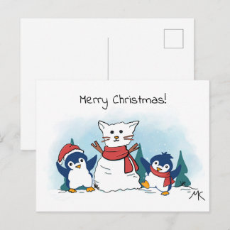 Pinguïns bouwen een sneeuwman kerst feestdagenkaart