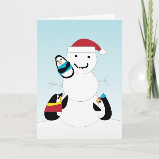 Pinguïns Bouwen Een Sneeuwman Kerst Kaart (Voorkant)