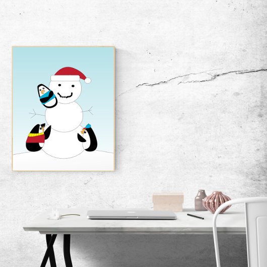 Pinguïns bouwen een sneeuwpop in de winter poster
